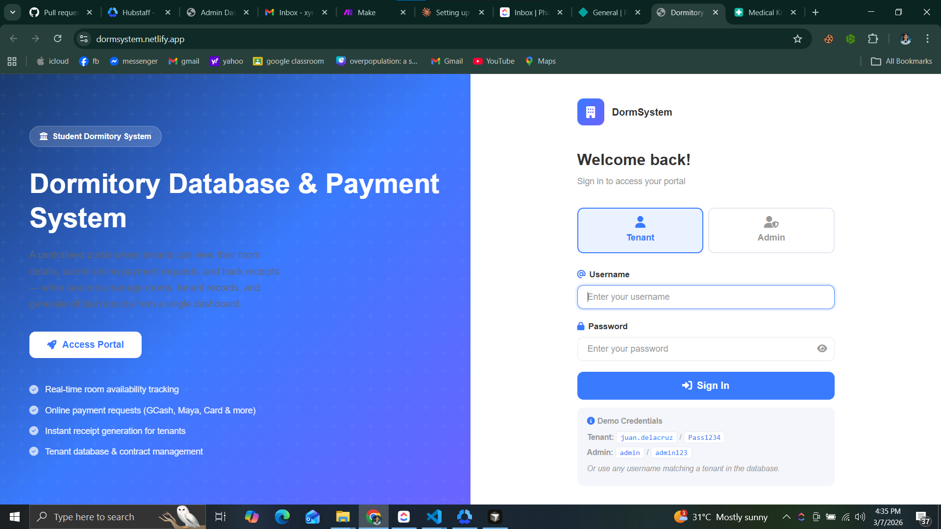 Dormitory Management Portal Main